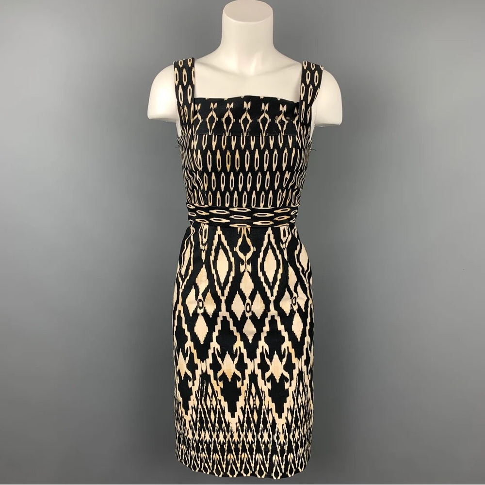 DAVID MEISTER Size 4 Black & Beige Tribal Print Cotton‎ Sleeveless Dress